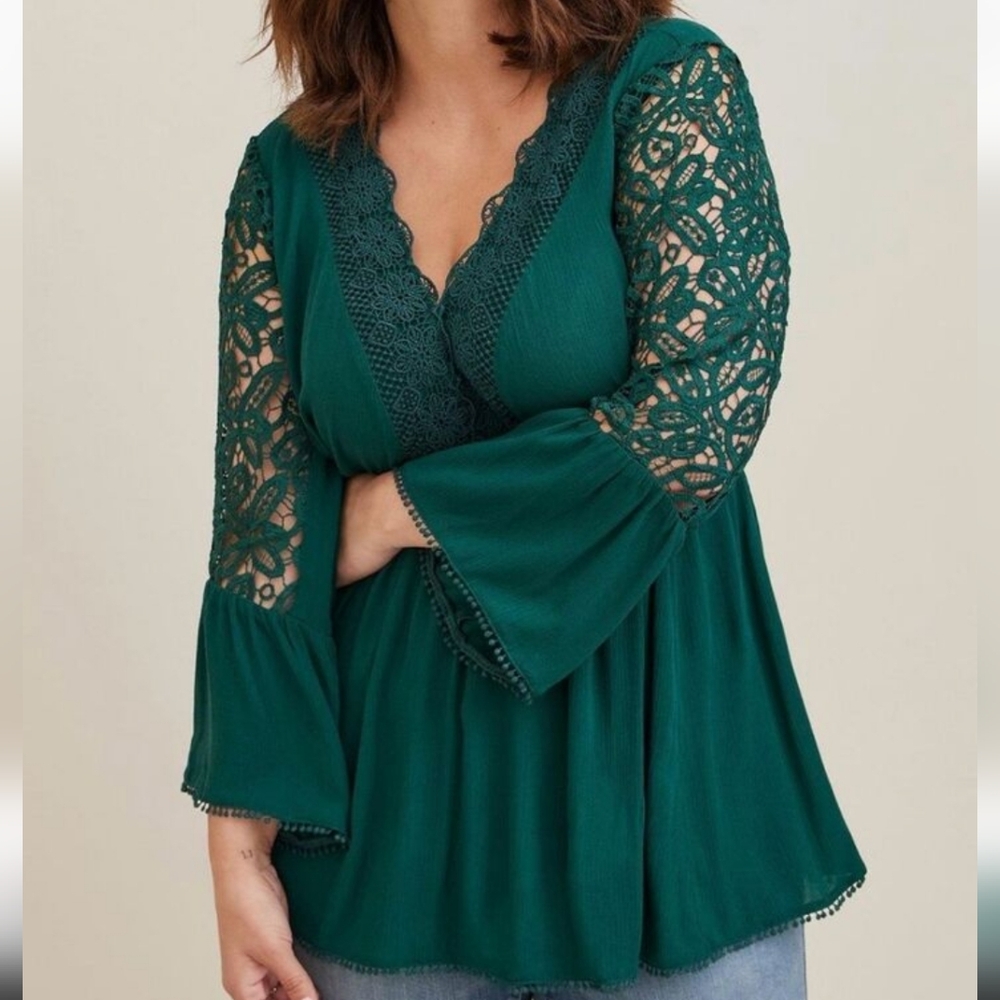 Torrid Green Lace Bell Sleeve Top